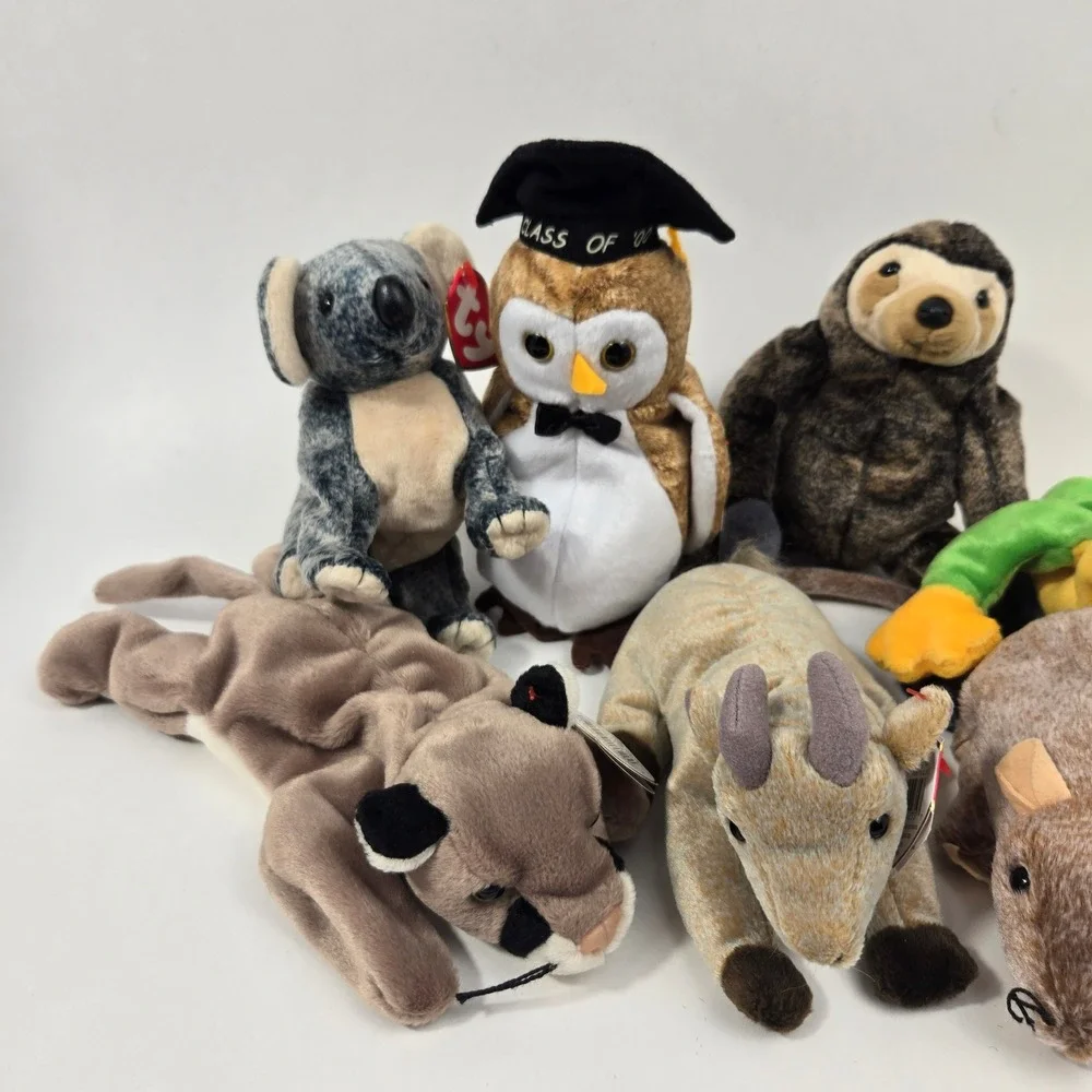 Ty Beanie Babies Lot of 7 Wise Owl Mel Koala Goatee Canyon Smoochy Slowpoke Plus